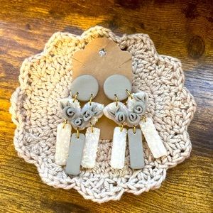 Boutique Clay Handmade Earrings Gray Iridescent Floral
